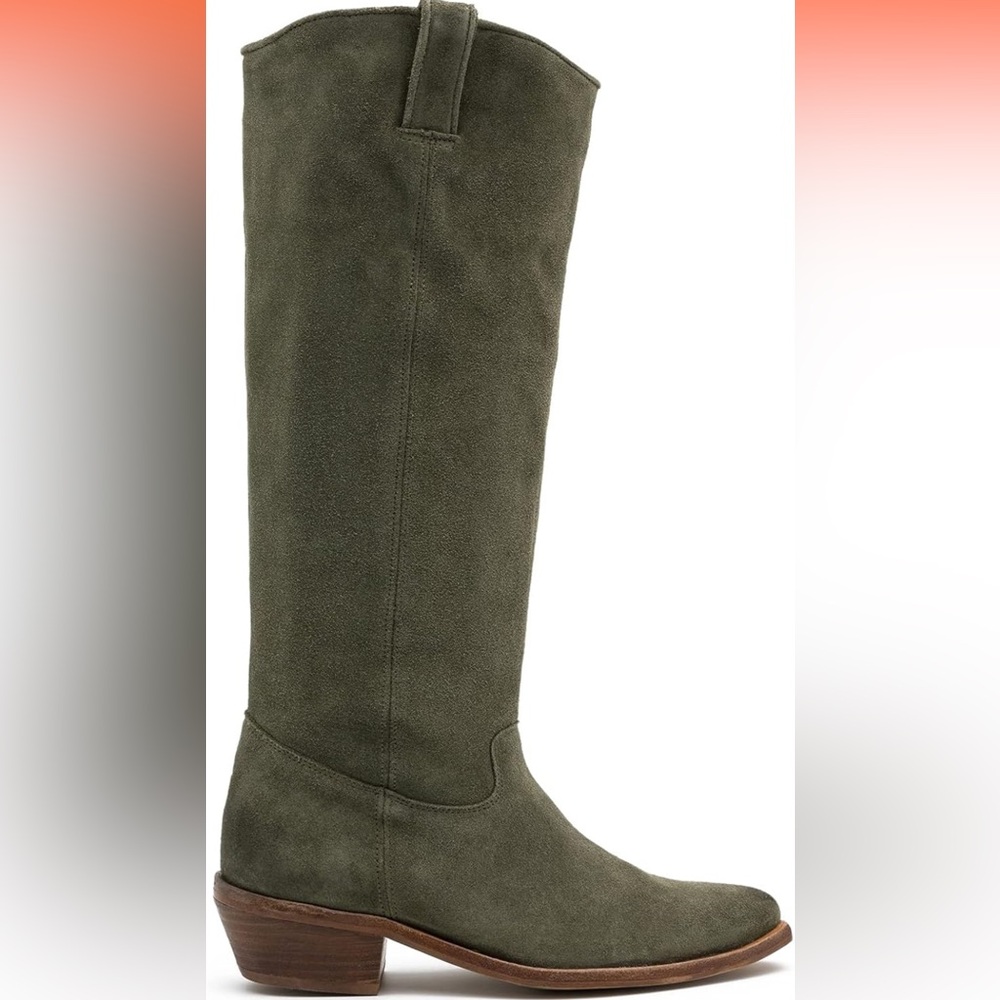 Low Stacked Heel Slouchy Knee High Western Boots Velvet Suede 1.5" Chunky Heels - Picture 2 of 9